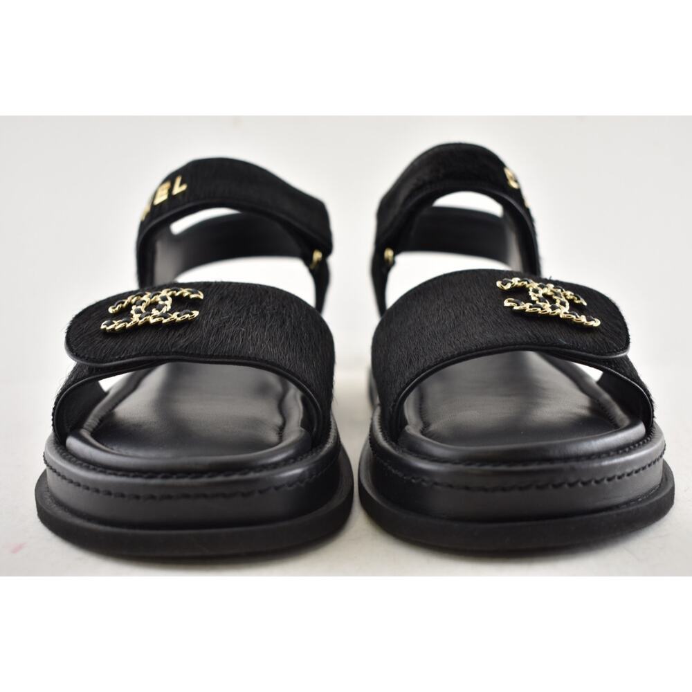 Chanel 24B Black Calf Hair Gold CC Logo Mule Slide Strap Flat Teva Dad Sandal 41 - Picture 9 of 16